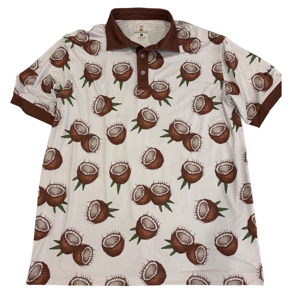 NWOT‎ Rolo Golf Mens XL Coconut Print Short Sleeve Polo resort wear Brown Collar